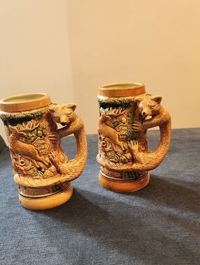 Vintage Fox Handle Ceramic Stein Pair in Brown and Green